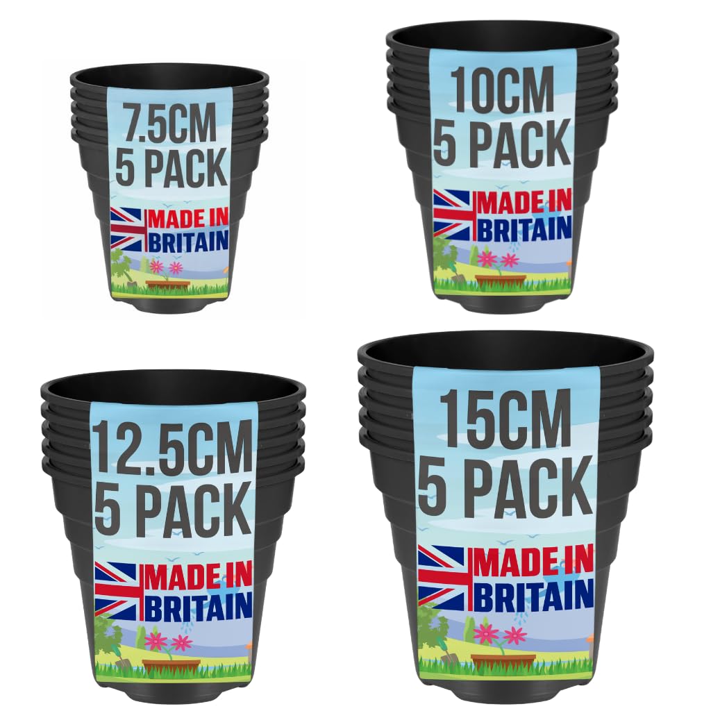 Happy Pots Black 20 Pack Plastic Plant Pots Mixed Sizes - Made In Uk - 7.5Cm 10Cm 12.5Cm 15Cm - Nursery Pots - Recyclable - With Drainage Holes - Bpa Free