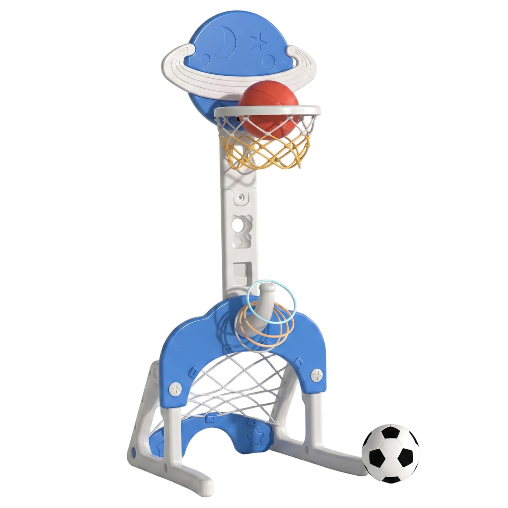 Canestro da Basket per Bambini e Supporto, Canestro da Basket per Bambini 3 in 1 con Calcio e Lancio dell'Anello Giocattolo Sportivo Divertente Regolabile in Altezza per Interni ed Esterni