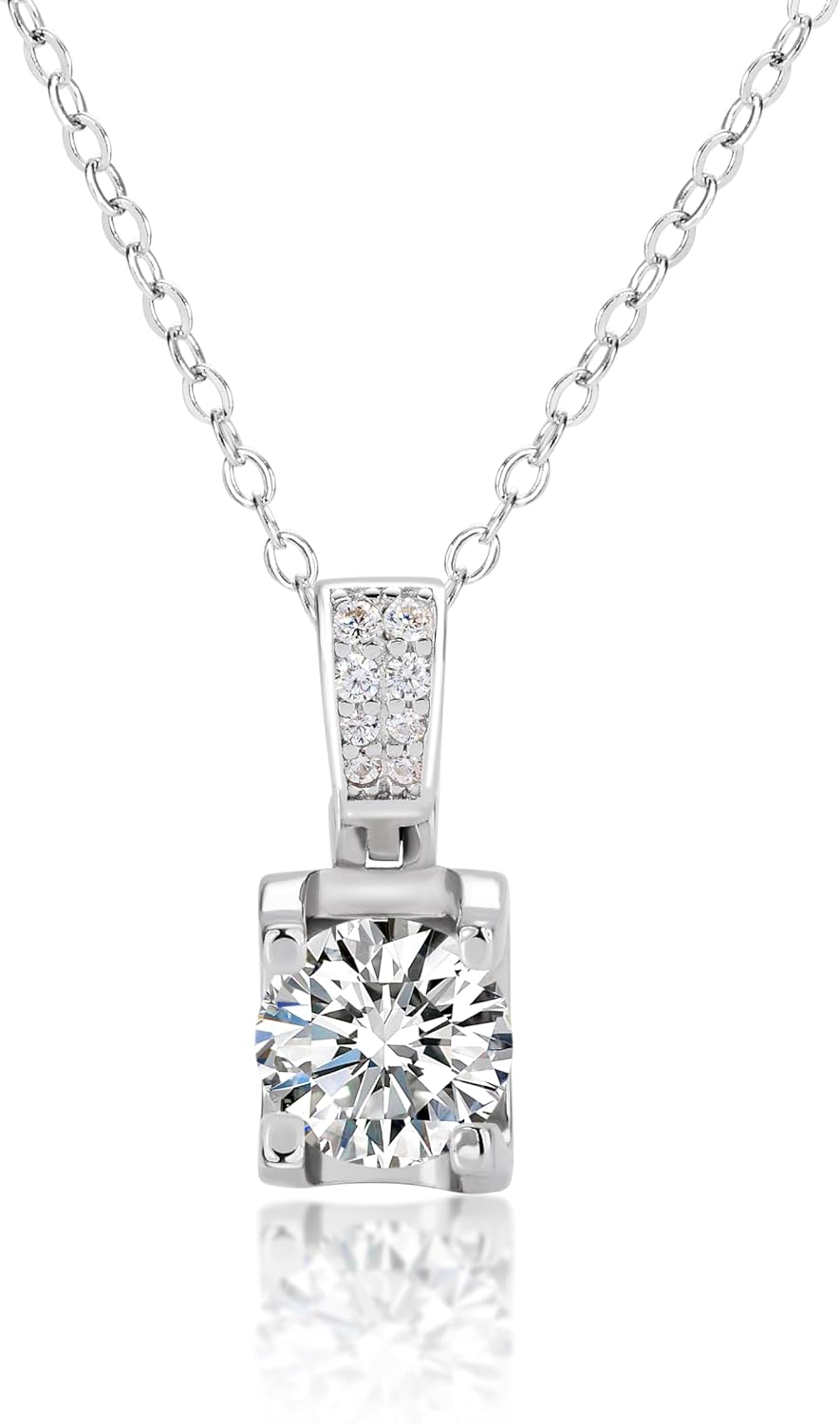 YSDD 1 Carat Moissanite Ladies Necklace, 925 Sterling Silver Plated 18K White Gold Necklace, 1/2/3 Carat D Color VVS1 Clarity Moissanite Pendant Necklace for Women