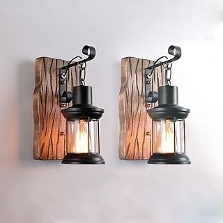Applique Da Parete In Legno Vintage Industriale Applique Da Parete Per Fattoria, Paralume In Vetro Lampada Da Parete In Metallo Nero, Lampade Da Parete Rustiche Luci Testiera Per Soggiorno Bar Caffett