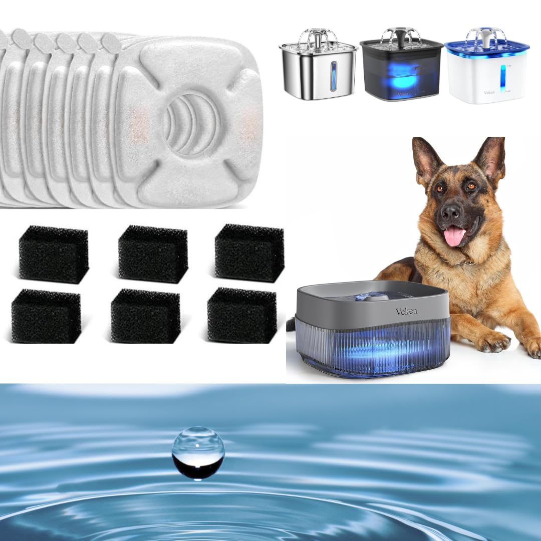 GoldTone Replacement Filters For Veken Pet Fountains (67oz, 95oz, 135oz) - 12 Sets Charcoal & Sponge Filters