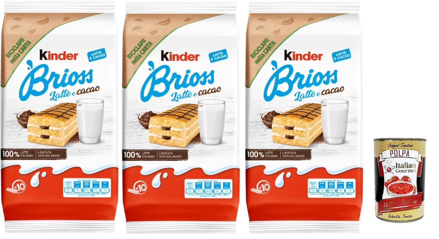 Italian Gourmet Kinder Brioss Lait & Cacao – Pack 3 x 280 g (840 g) – Brioches moelleuses fourrées, goûter enfant, petit-déjeuner, snack sucré, viennoiserie emballée + Italian Gourmet Polpa
