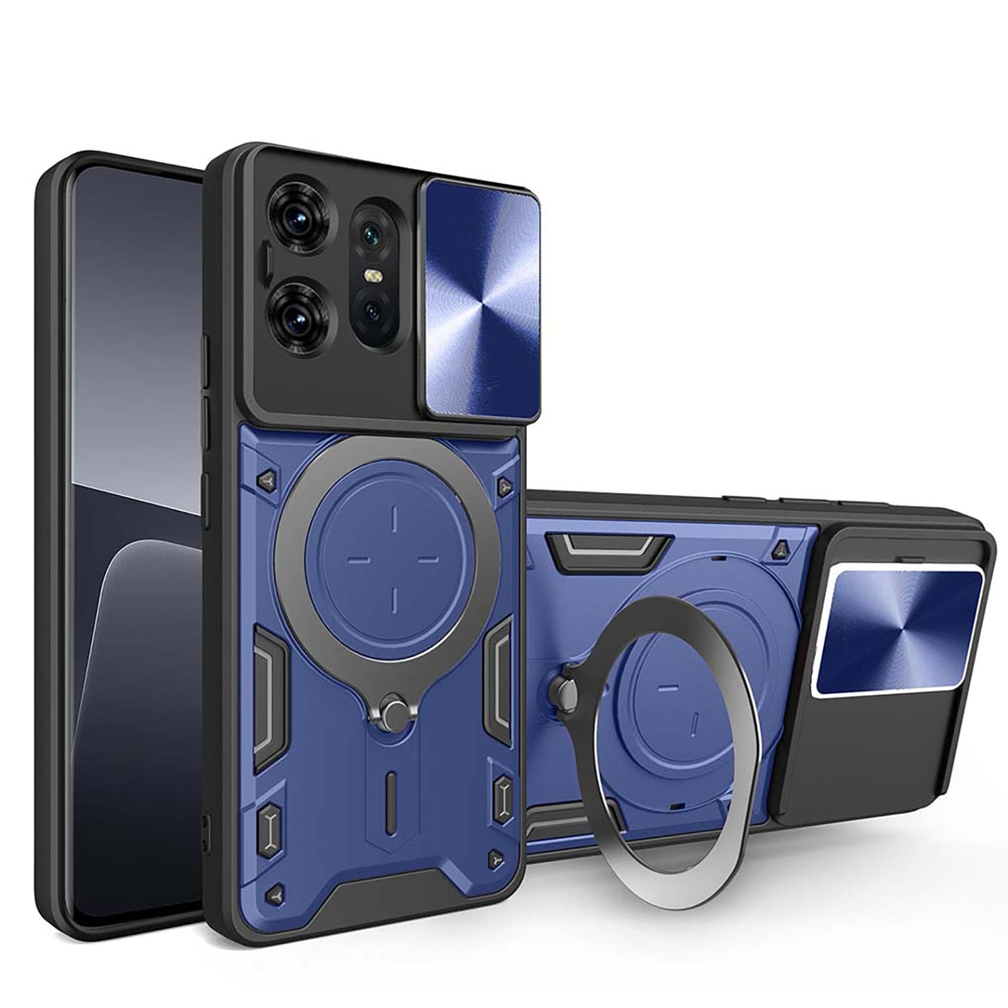 ILING Cover per Motorola Edge 50 Pro, Texture Metallica Antiurto Opaca Rigido PC/TPU Bumper Silicone Custodia con Anello Supporto e Scorrevole Protezione Fotocamera (Blu