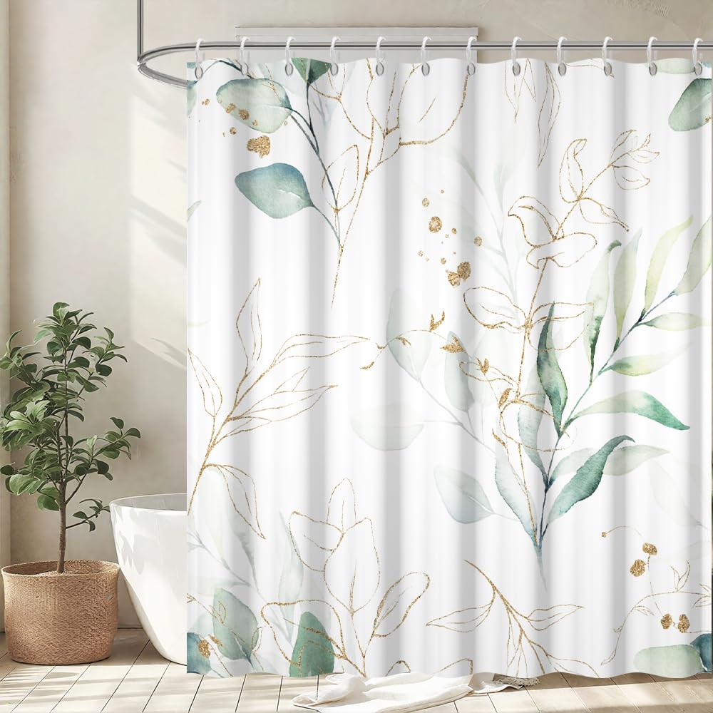 Uiiooazy Duschvorhang 200x180cm, Duschvorhang Eukalyptus Grüne Blätter Anti Schimmel Gold Aquarell Pflanzen Duschvorhänge Wasserdicht Polyester Stoff Waschbar Bad Vorhang mit 12 Haken für Badezimmer