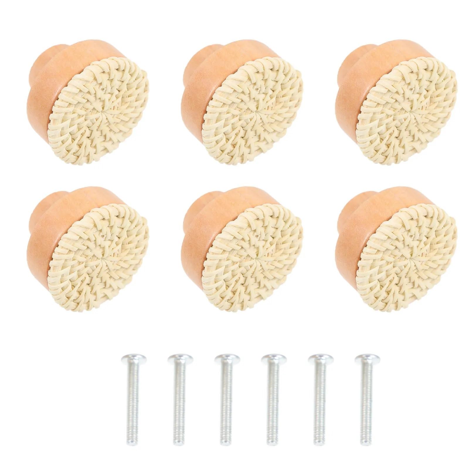 LSNNMU 6 Set Bohemian Cabinet Knobs Woven Rattan Wooden Drawer Pulls for Dresser Wardrobe Cupboard Furniture Replacement Handles for Home