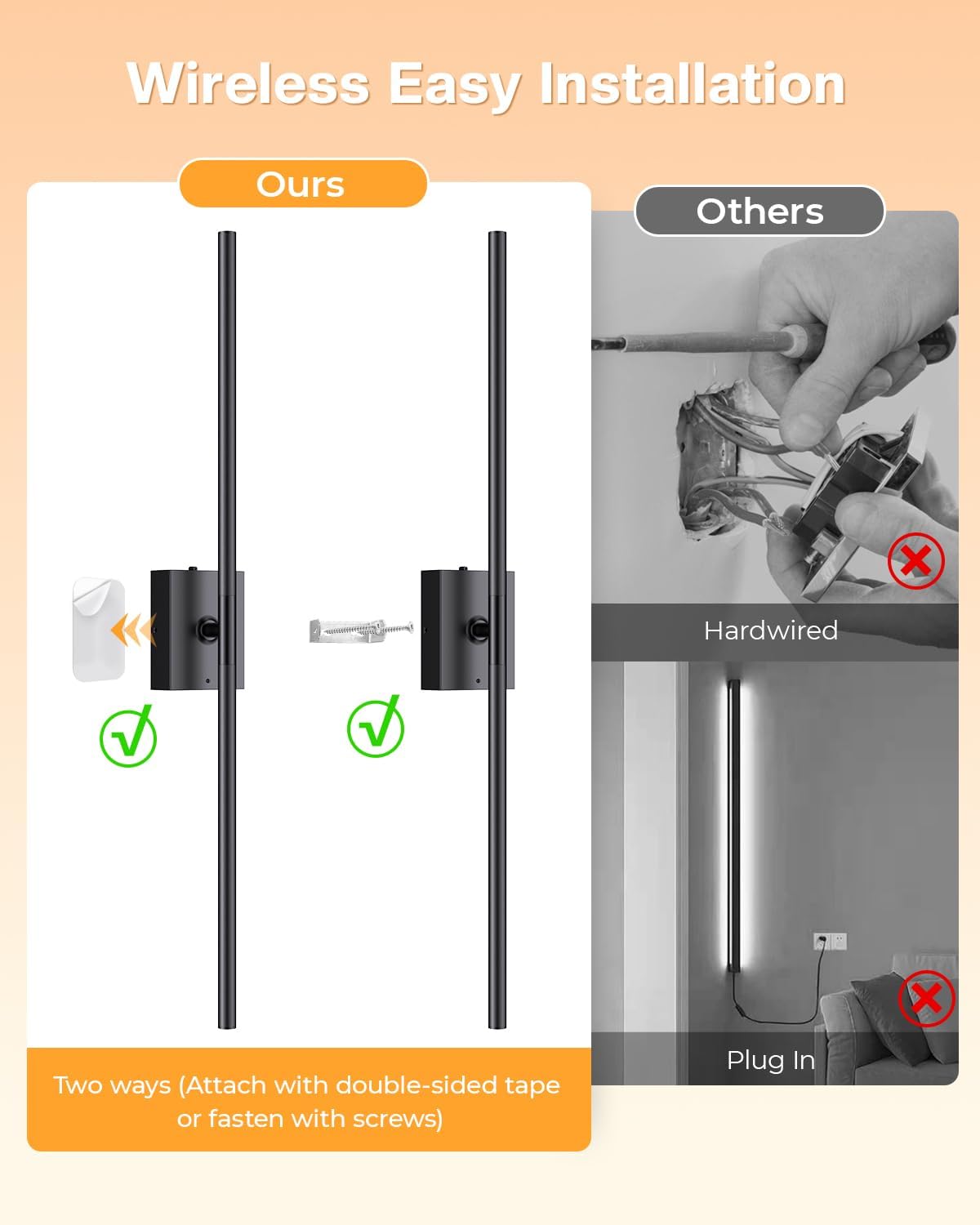 Wireless Wall Sconces Set of 2 – 31.5" Battery Operated Lights No Wiring Needed, Remote Control Dimmable 3000K-6000K, High CRI 98 for Bedroom Art Hallway, No Electrician Required for Apartment Renters