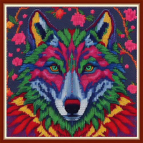 Image of Dimensean Stamped Cross Stitch Kits Full Range of Embroidery Patterns Starter Kits for Beginners Adult DIY Cross Stitches Needlepoint Kits 11CT-Magic Wolf 17.7x17.7 inch