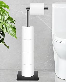 Free Standing Toilet Paper Holder, Bathroom Toilet Paper Stand with Shelf Hold 4 Paper Rolls, Modern Square Base Tissue Roll Storage Holder, Black, Naturous