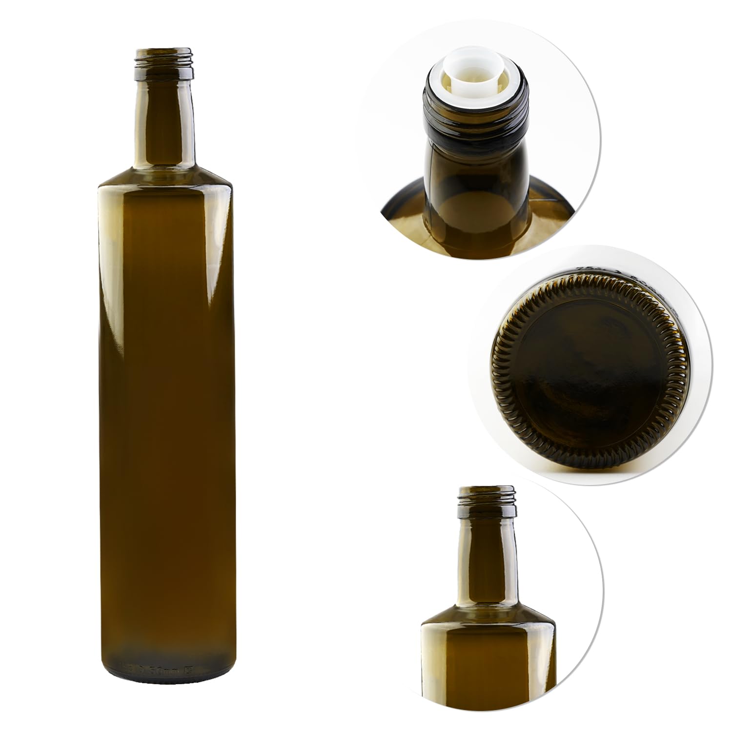 Botella de cristal de 750 ml, color verde oliva, botella de aceite, vinagre y botella multiusos, botella de cristal vacía para cocina, gastronomía (40 boquillas antigoteo)