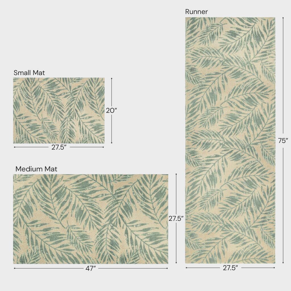 Wash + Dry Sage Green Palm Leaf One-Piece Washable Rug with Rubber Backing, Small Door Mat for Entryway, Kitchen, Bathroom, Non-Slip Indoor Doormat, Pet Friendly, Tan and Green, 20" x 27.5"