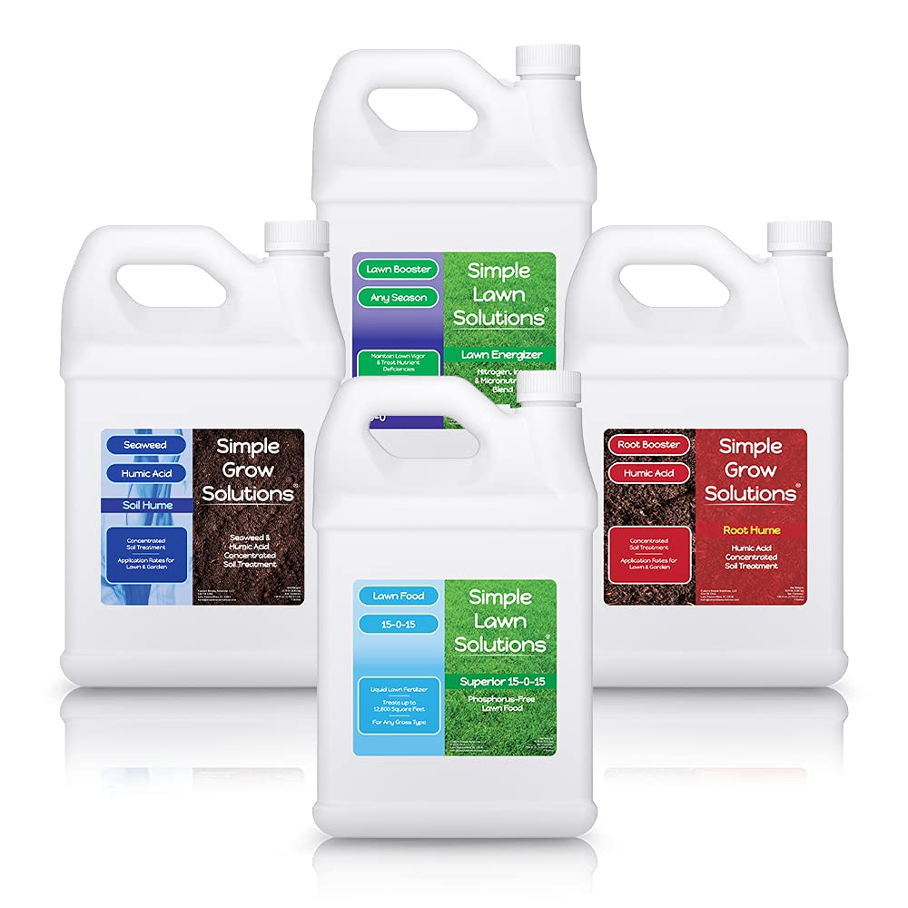 Lawn Energizer Nitrogen & Iron (1 Gallon) and 15-0-15 Lawn Food (1 Gallon) and Root Hume (1 Gallon) and Seaweed Soil Hume (1 Gallon) - Simple Lawn Solutions
