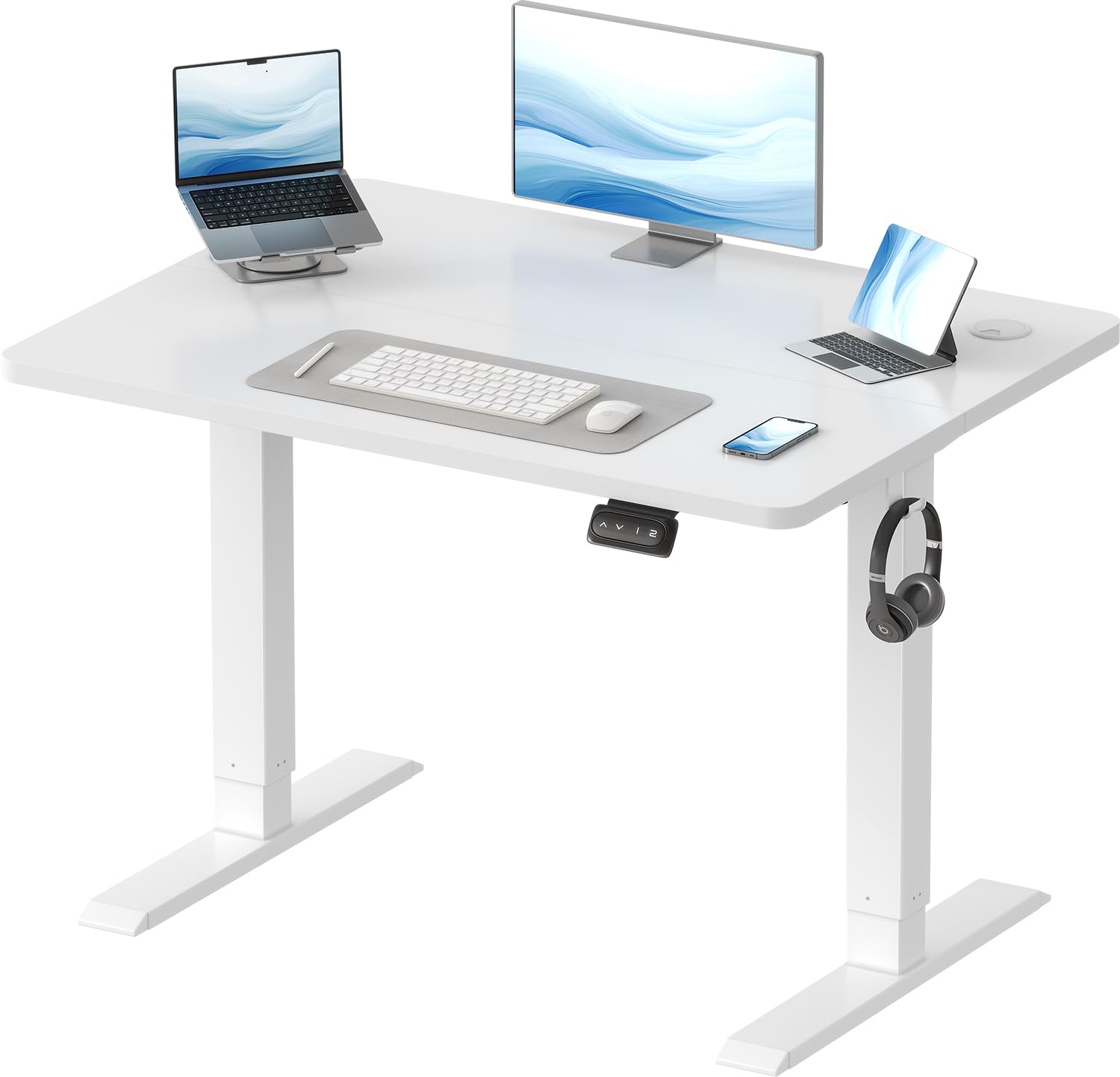 DevokoElectric Standing Desk 100x60cm Sit Stand Table Height Adjustable Desk with Backpack Hook and Memory Smart Pannel, Home OfficeTable with Splice Board, White