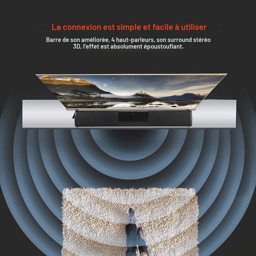 Barre de Son, Barre de Son luetooth sans Fil BEnceintes Soundbar Basse Stéréo Surround Support U Disque, 4 Heures de Lecture Système Home Cinéma pour TV, PC