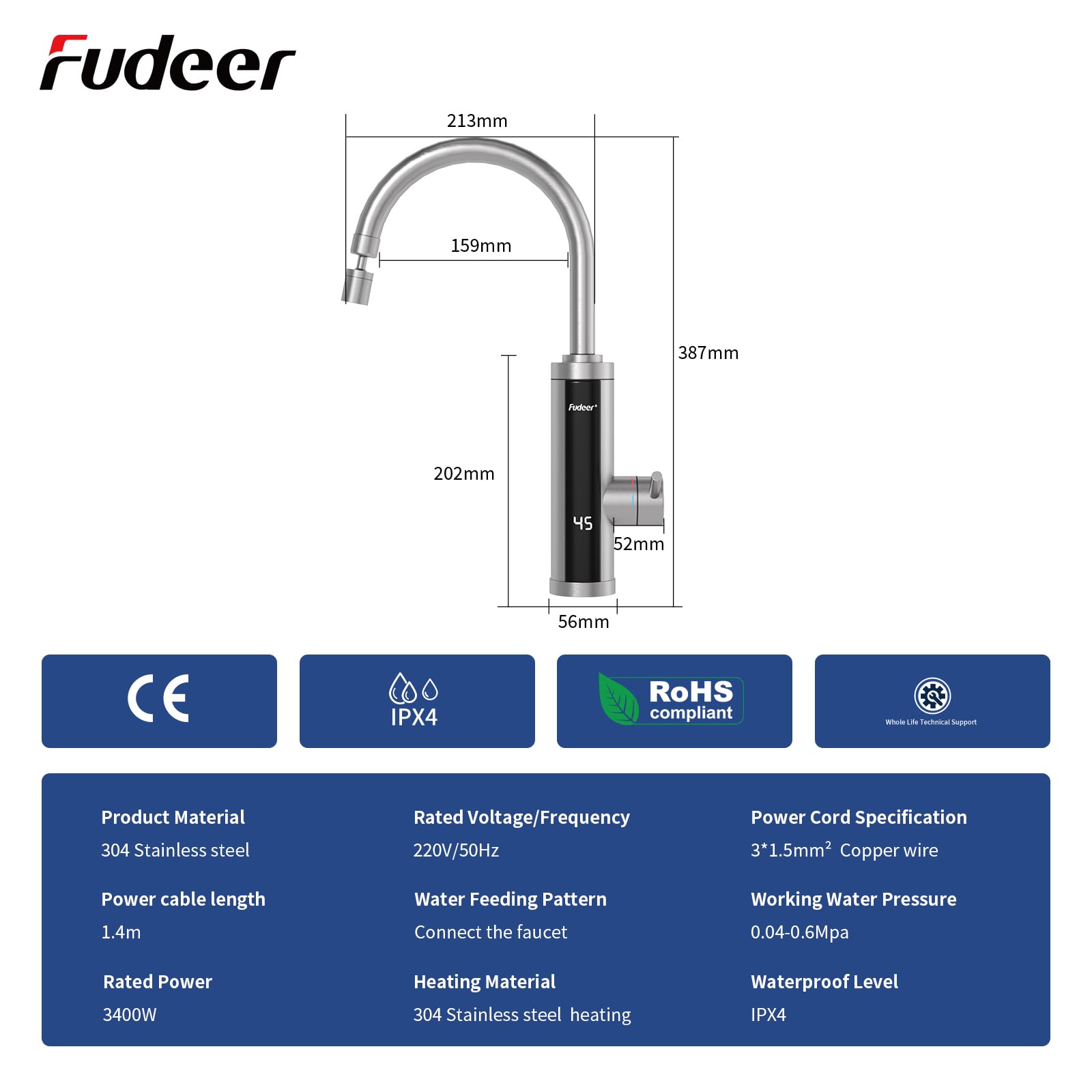 Elektrischer Wasserhahn mit Durchlauferhitzer für die Küche, 3.3kW Schnellaufheizung mit Digitalanzeige (30-45℃) 360°schwenkbare Universaldüse, 2 Sprühmodi 220-240V(Silber)