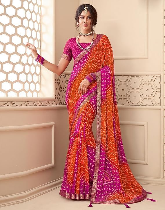 Women's Chiffon Bandhani Printed Saree With Unstitched Blouse