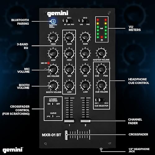 Miniatura 5 de Gemini - Mezclador de DJ de 2 canales con Bluetooth, ecualizador de micrófono, control de curva Crossfader, construcción de metal resistente,