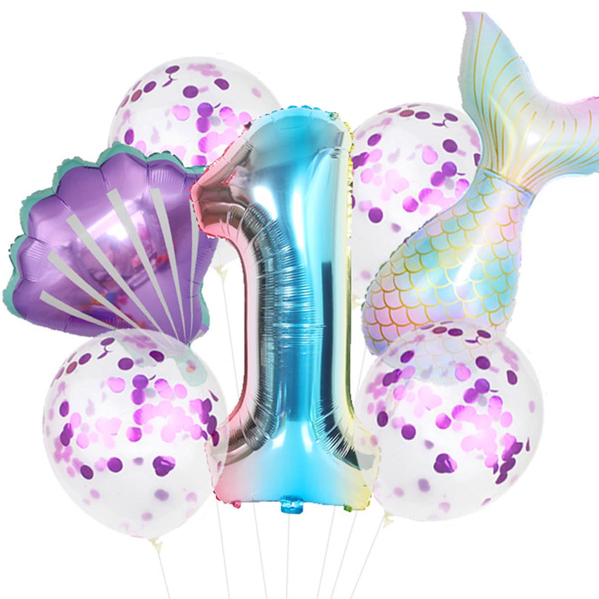 7pcs Mermaid Balloons Number Balloons for 1st 2nd 3rd Birthday Party Girls' Mermaid Tail Decoration Supplies (1 Number)