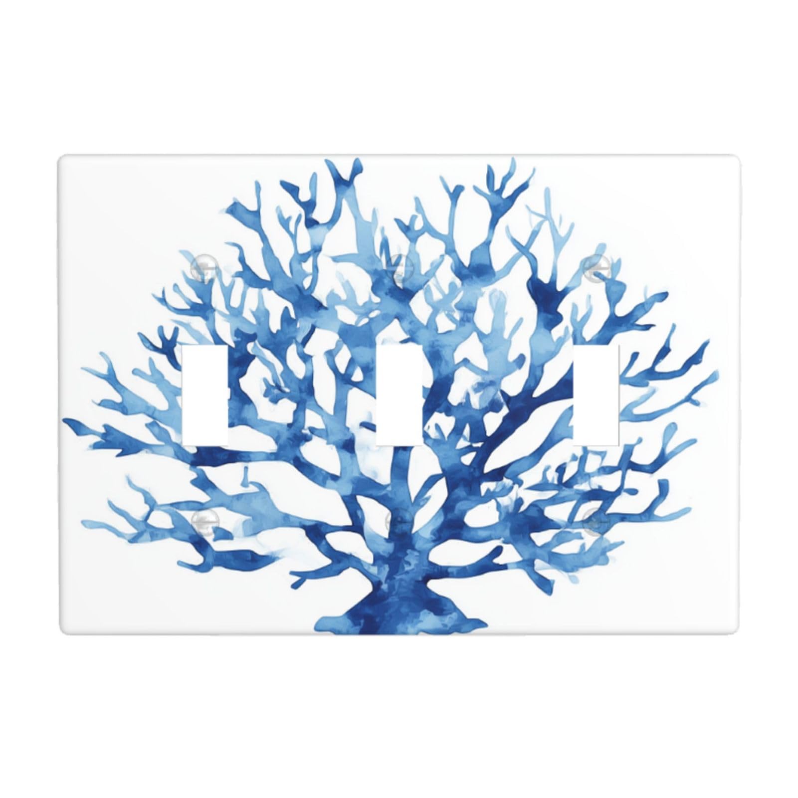 Watercolor Blue Coral Light Switch Covers 3 Gang Triple Toggle Wall Plate Switchplate Electrical Faceplate for Bathroom Kitchen Bedroom Decor
