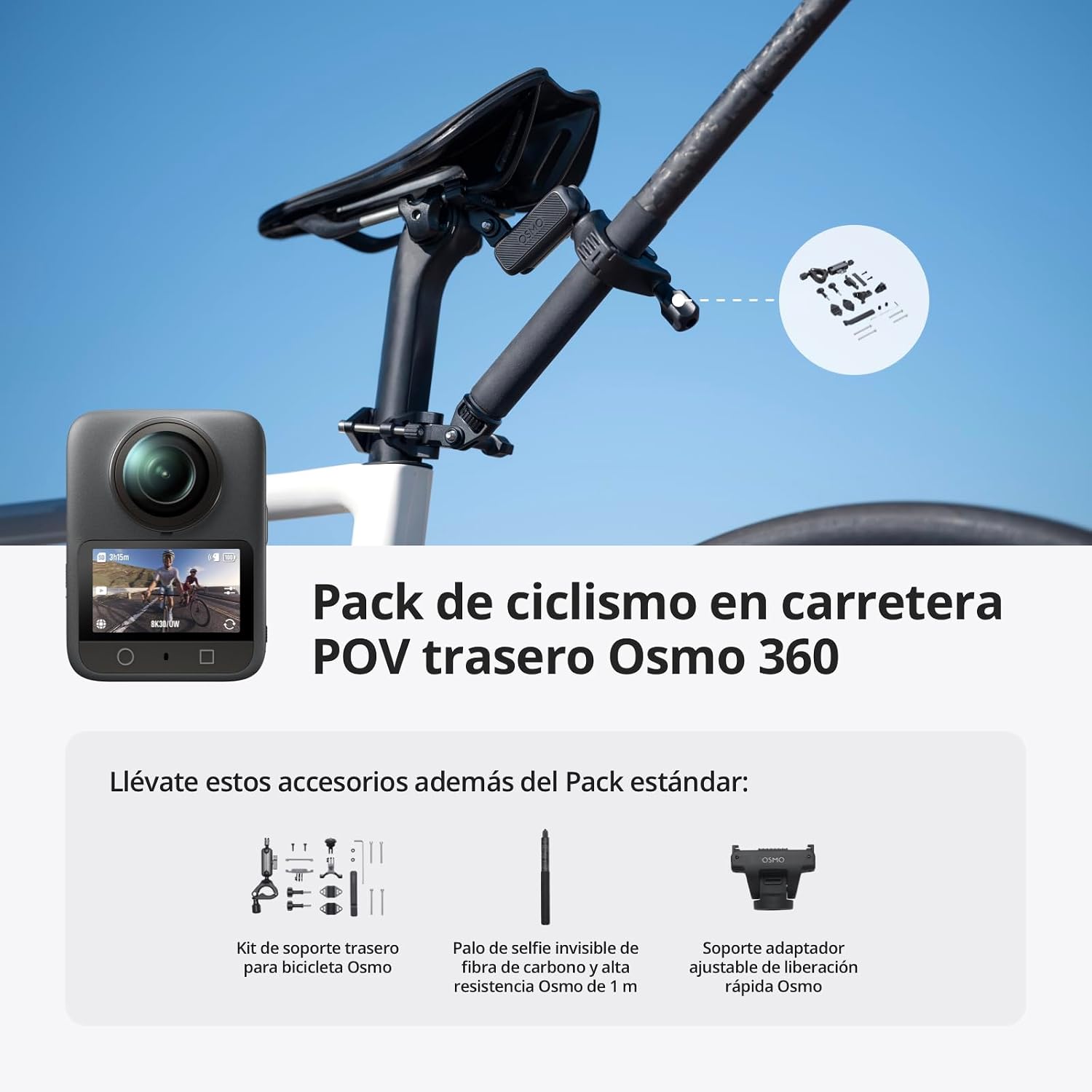 DJI Pack de Ciclismo en Carretera POV Trasero Osmo 360, cámara 360 con Imagen 360° de 1 Pulgada, Video 360° en 8K Nativo, Video 4K/120 fps y 170° Boost, cámara de acción para Ciclismo 3