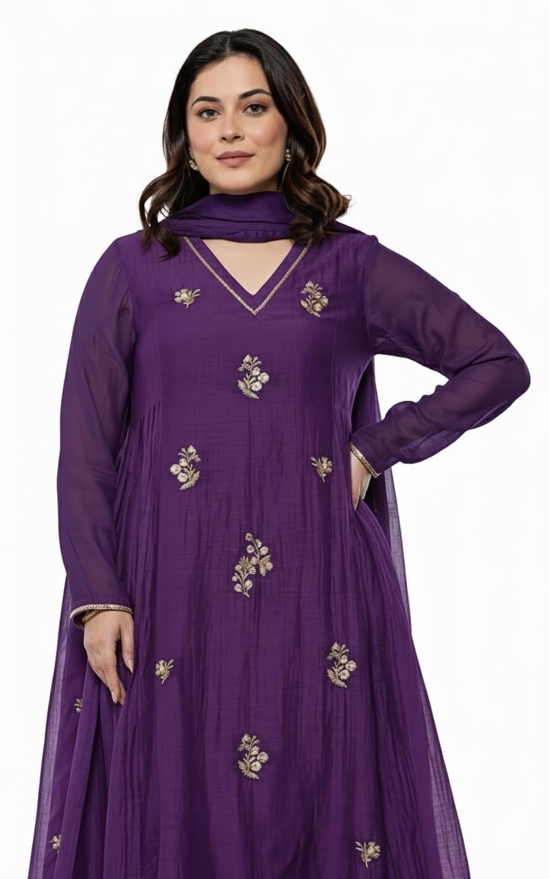 Anarkali Kurta-Set für Damen mit Dupatta-Stickerei, lang, ausgestelltes Salwar-Anzugkleid