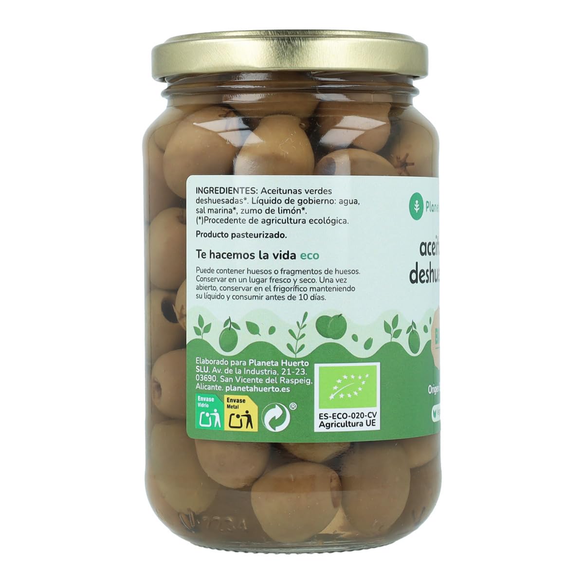 PLANETA HUERTO | Aceitunas verdes deshuesadas ecológicas Eco 335 g - Aceitunas Conservadas en salmuera natural con limón, 100% agricultura ecológica