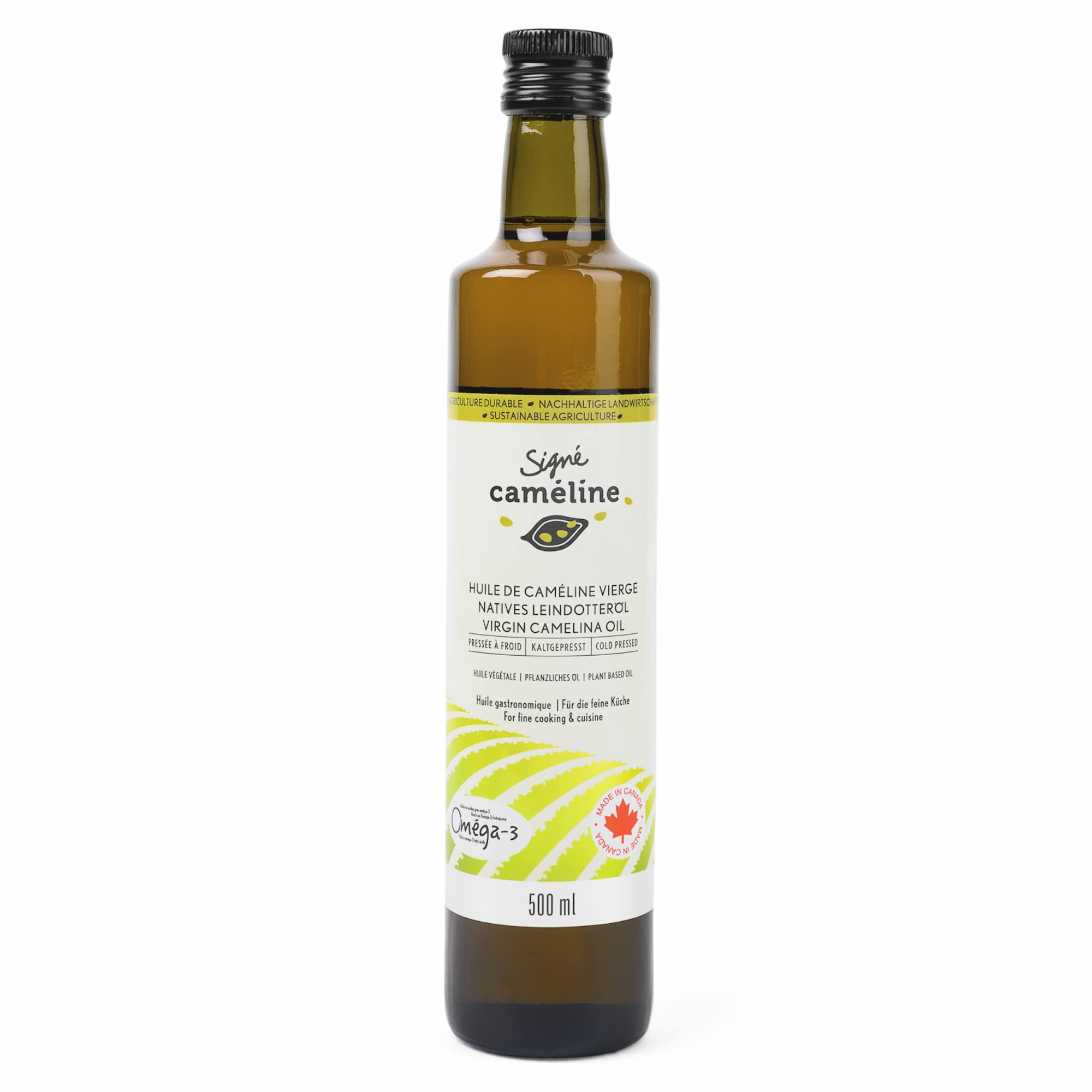Signé Caméline. Huile de caméline vierge. 500ml. Pressée à froid. Huile de finition et de cuisson. Élevée en Omega-3. Point de fumée 246°C/475°F. Substitut à l'huile d'olive. Produit au Canada.