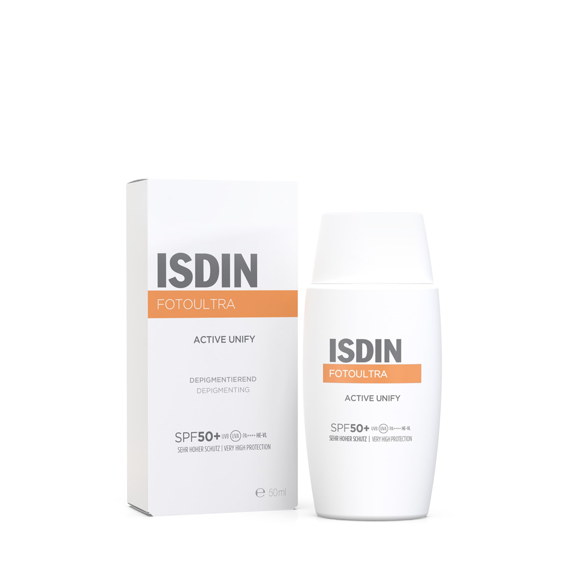 ISDIN FotoUltra Active Unify LSF 50+, Hellt auf und vereinheitlicht den Hautton, Sonnencreme mit dreifach aufhellender Wirkung, 50 ml