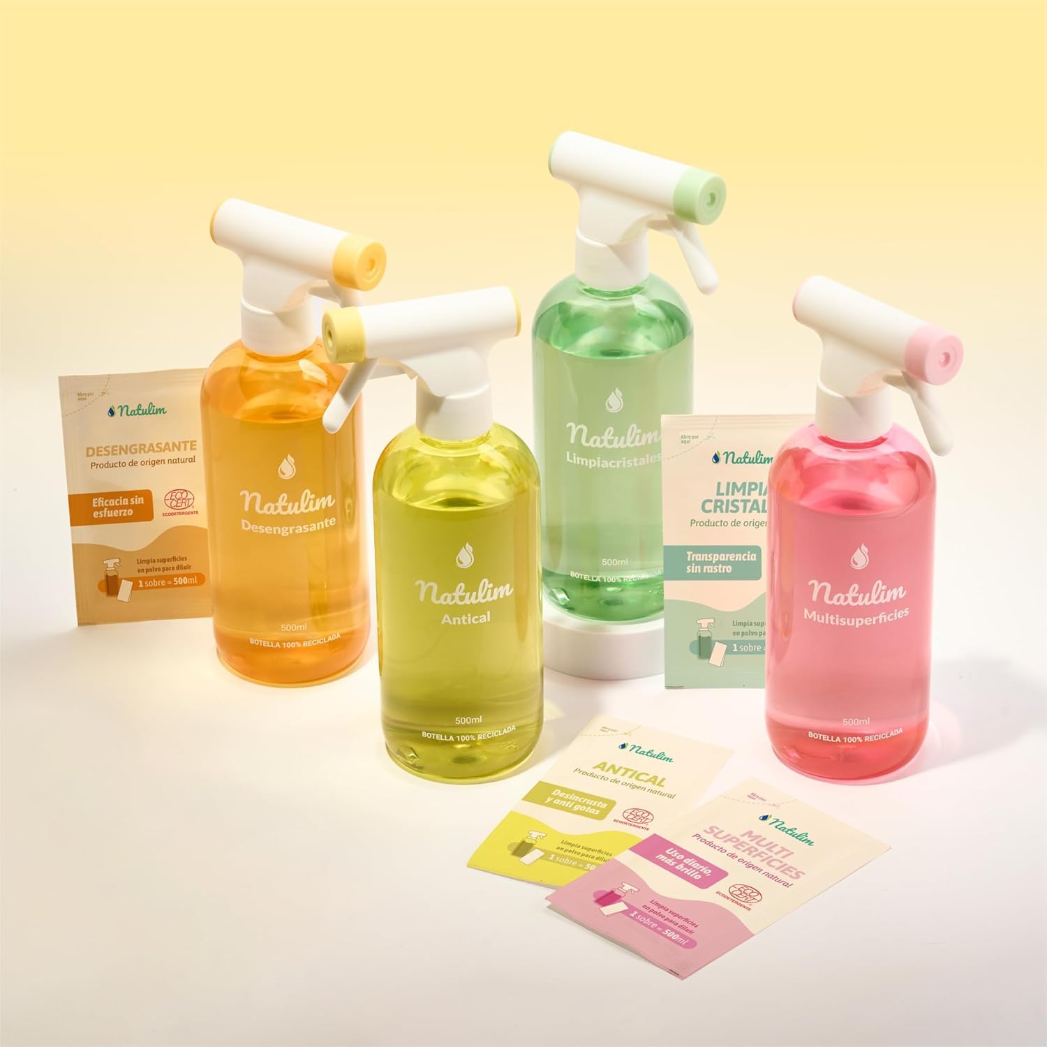 Natulim Confezione da 4 essenziali per la pulizia della casa, detergente per vetri, anticalcare, multisuperfici e sgrassante, set spray ricaricabile da 500 ml + 8 bustine, formula efficace e naturale