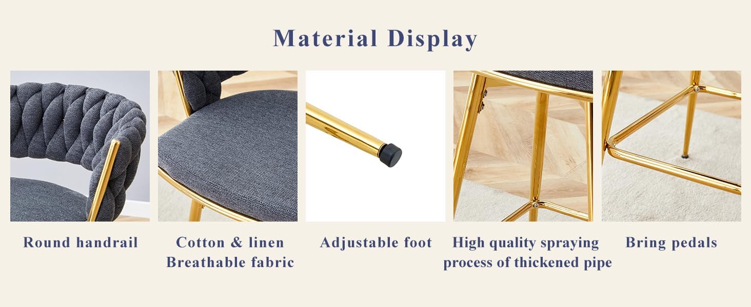 Four-piece Rotating Swivel Chair, Black Cotton and Linen Soft seat Surface, Golden Metal Legs, Rust-Proof and wear-Resistant, Suitable for high Tables in Restaurants/Bars