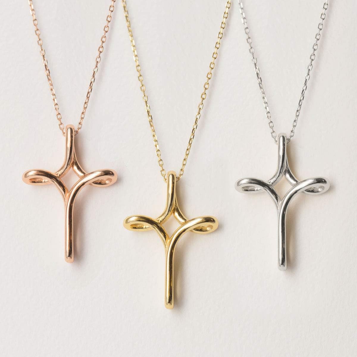 A+O Cross Pendant Necklace for Women, Girls - Sterling Silver, Rose Gold or Gold
