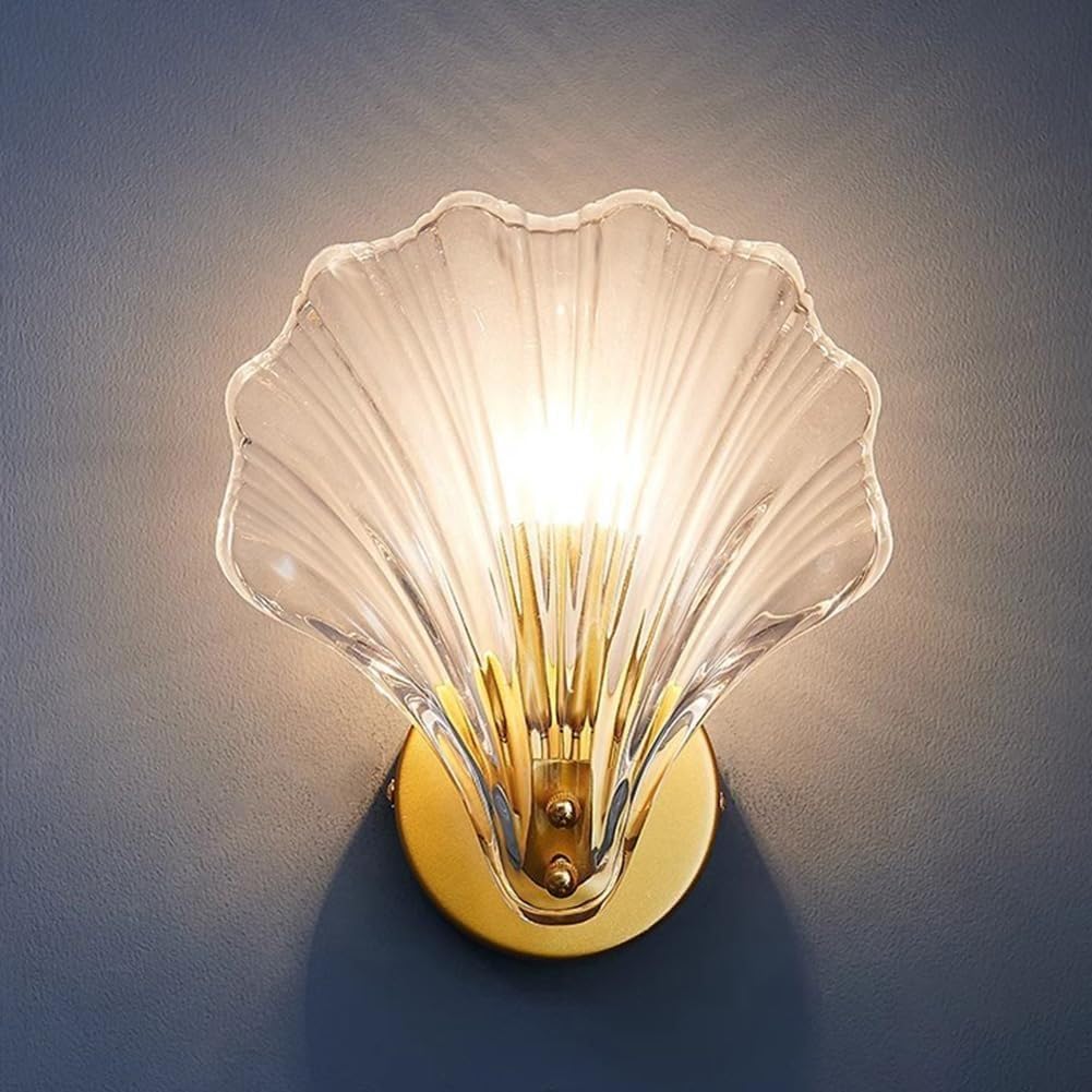 EaEa Lámpara de Pared de Interior E14 Shell Luz de Pared Moderna Aplique de Pared de Metal Cristal Hierro con Pantalla de Vidrio Shell Lámpara de Cabecera de Diseño Dorado para Cocina Isla Dormitorio