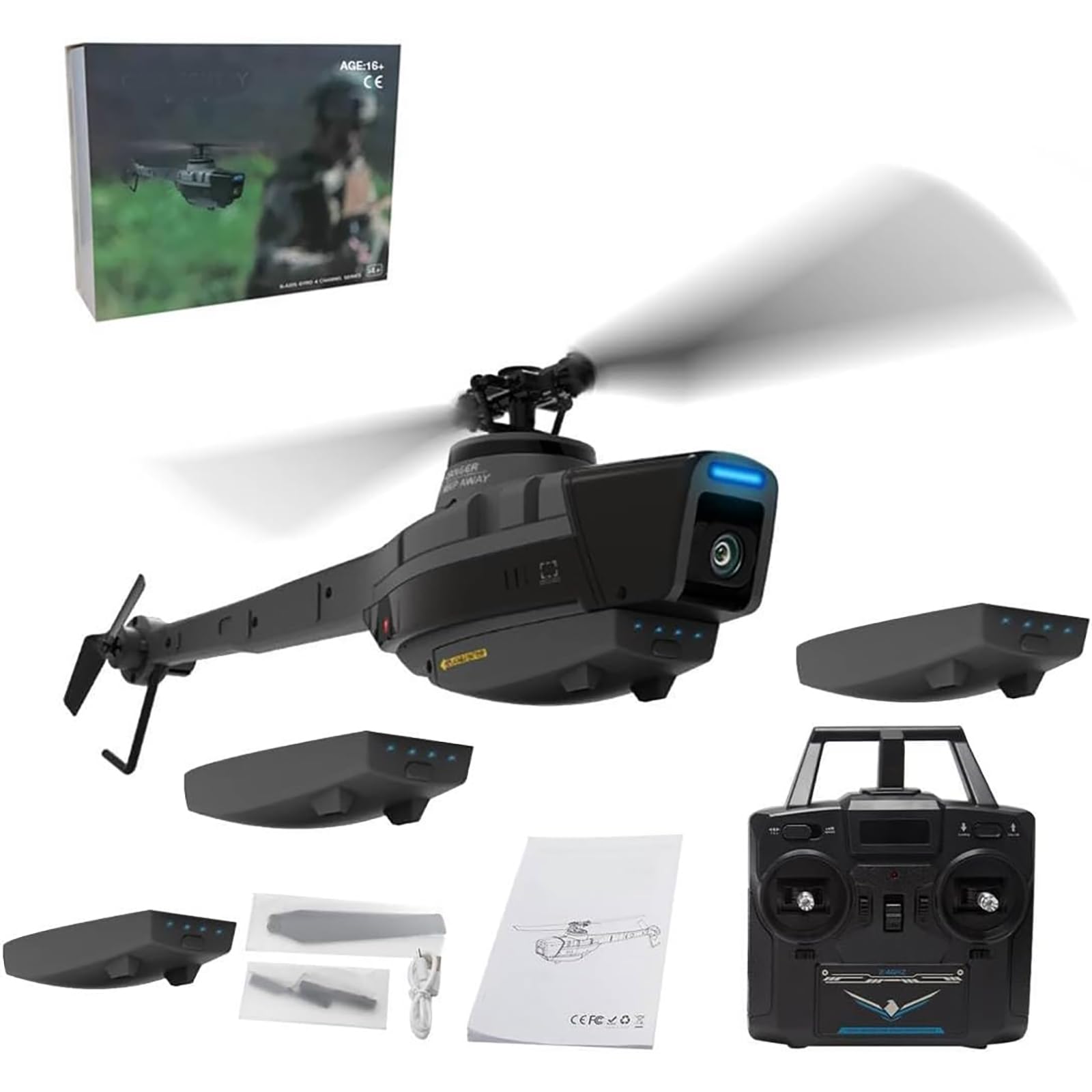 Model helikoptera RC C128 z kamerą 1080P, wojskowy samolot zwiadowczy 2.4G 4CH Scout Drone z 6-osiowym żyroskopem, start/lądowanie jednym przyciskiem,3 battery