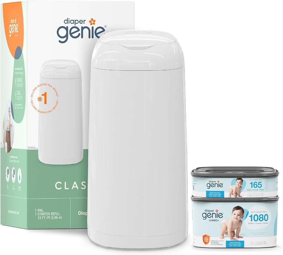 Diaper Genie Classic Diaper Pail Gift Set | Push-N-Lock Odor Control | Includes Starter Refill and Jumbo+ Refill | Holds up to 1,2