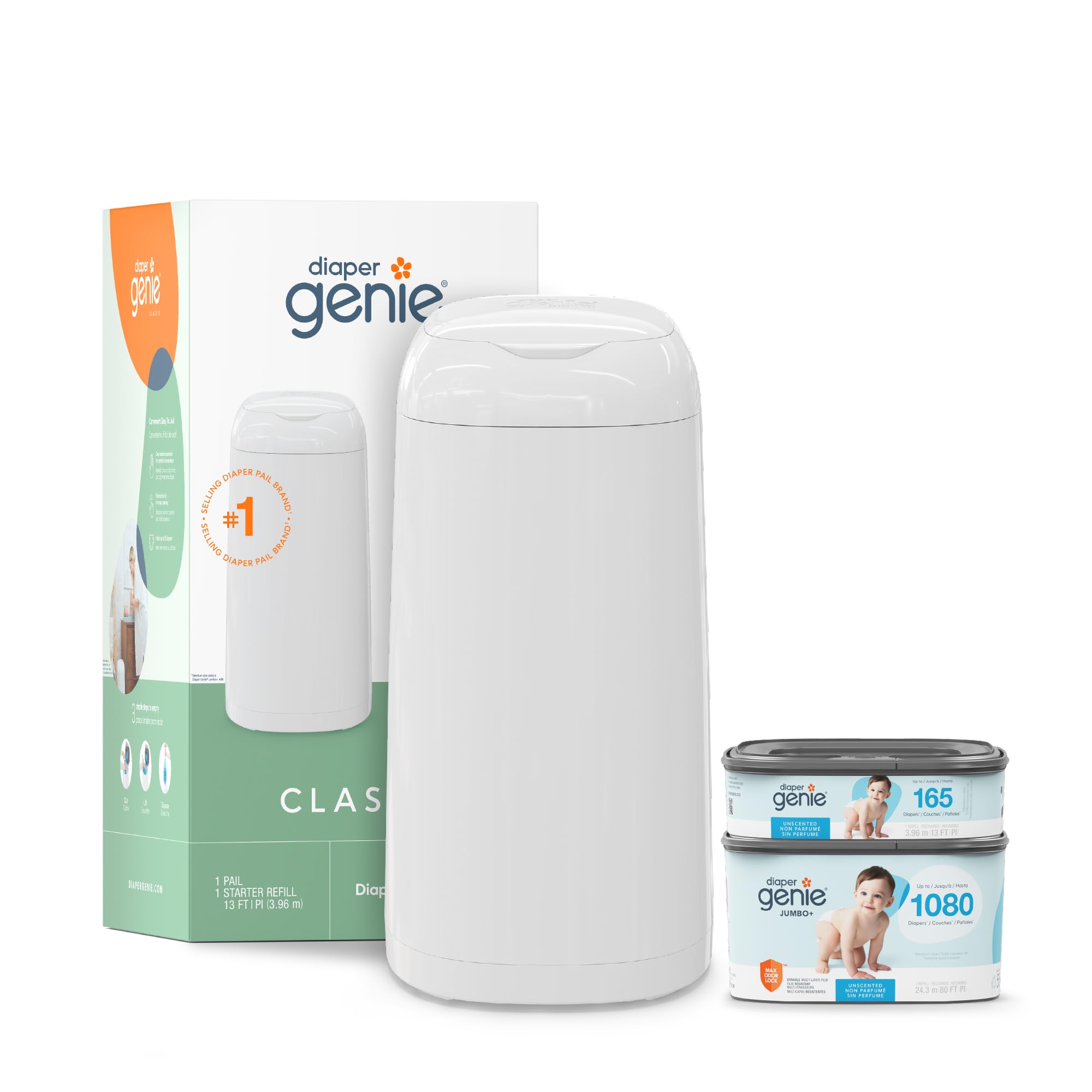 Diaper Genie Classic Diaper Pail Gift Set | Push-N-Lock Odor Control | Includes Starter Refill and Jumbo+ Refill | Holds up to 1,245 Newborn Diapers |