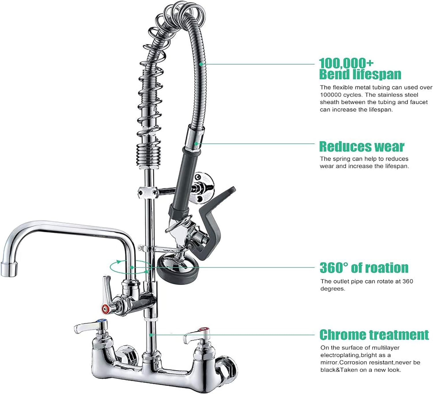 Commercial Wall Mount Kitchen Sink Faucet Brass Constructed Polished Chrome Pre-Rinse Device 25" Height 8" Center with Spring Pull Down Sprayer and 12" Add-on Spout (25 inches) - Image 2