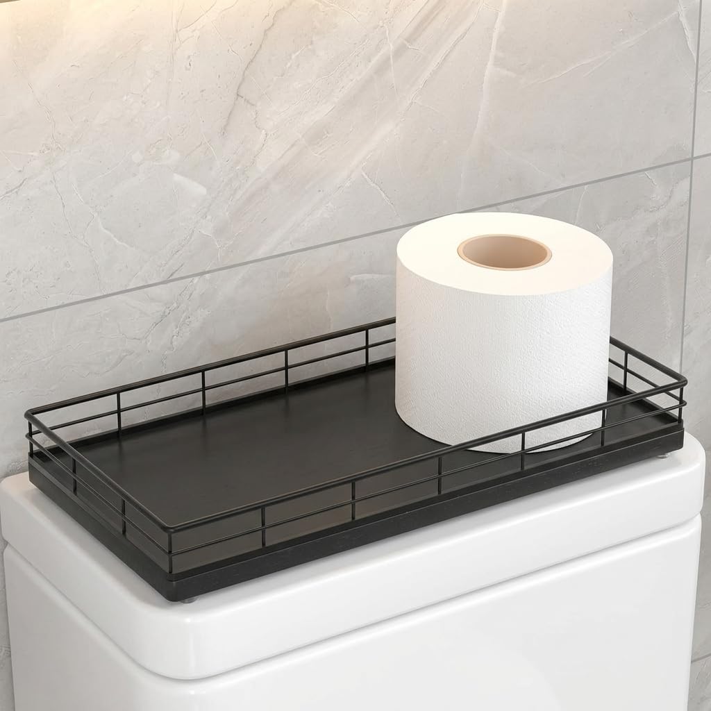 Toilet Paper Basket Organizer with Oak Wood Tray Metal Frame