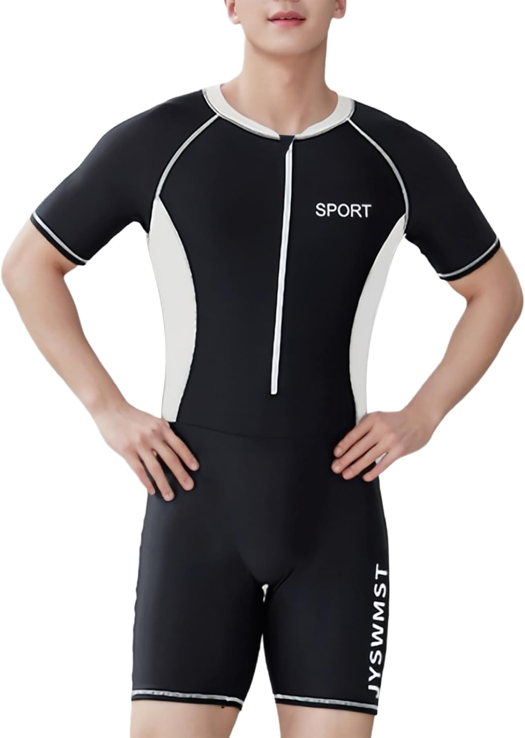 Men's One Piece Swimsuit Color Block Bathing Suit Short Sleeve Front Zipper Swimwear for Surfing Diving