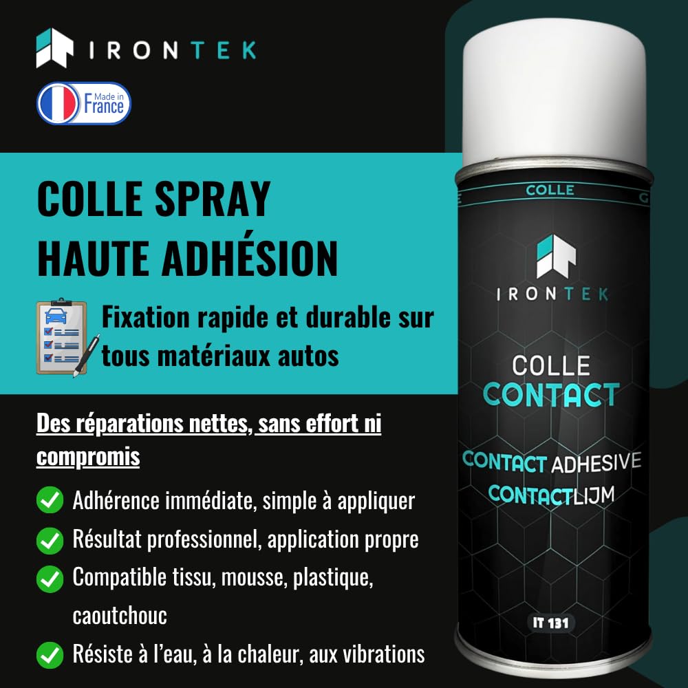 Colle Néoprène Aérosol 400ml - IRONTEK | IT131 | Haute adhérence Multi-supports Repositionnable | Séchage Express Résiste à l’eau | Réparation Tissu Mousse Isolation Plafond Voiture