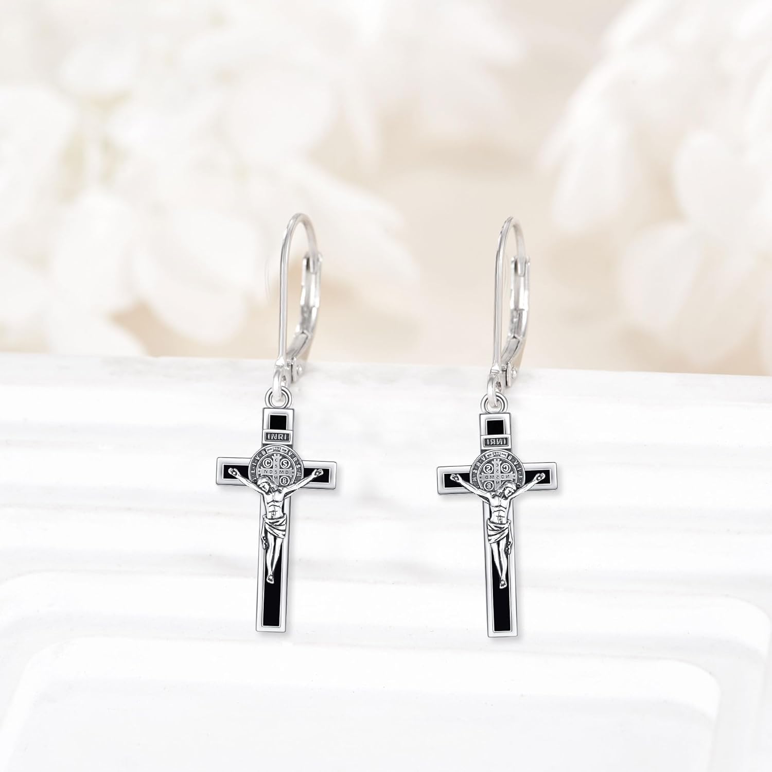 YFN 925 Sterling Silver Crucifix St Benedict Earrings Cross Star of David Dangle Drop Earrings Jewish Judeo Christian Religious Jewelry for Women Men