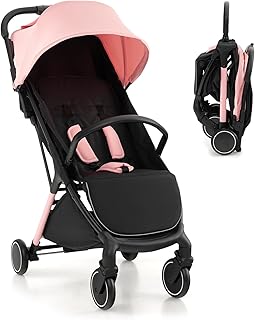 Foldable Baby Stroller, Lightweight Baby Pushchair with 5-Point Safe Belt, Lockable Wheel, Adjustable Footrest, Canopy & Backrest, Travel Toddler Buggy for 0-3 Years Old (Pink)