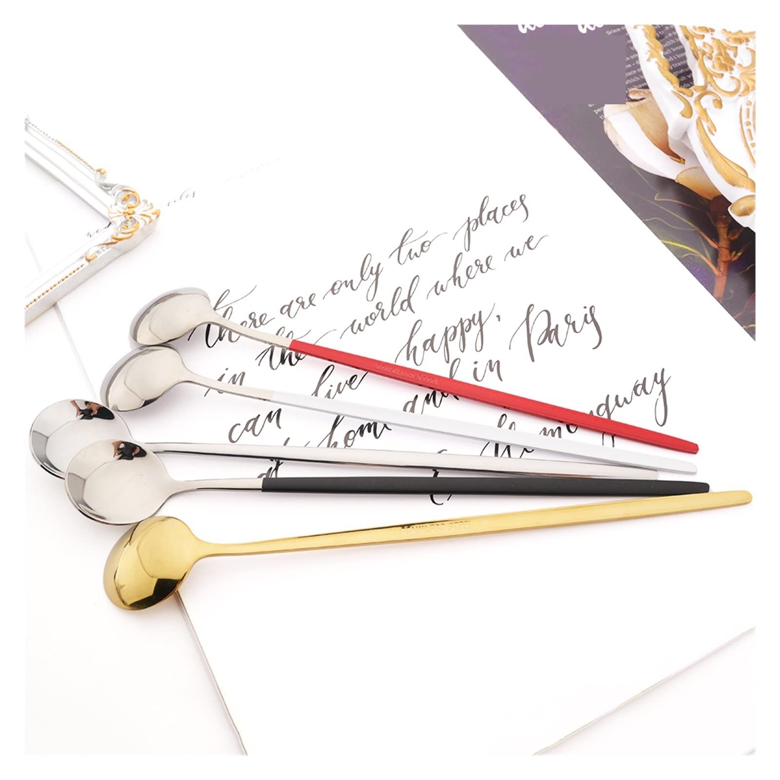 Ice Cream Long Handle Scoop Geschirr Set Geschirr 6-teiliger Löffel Barlöffel Saft Kaffee Rührbesteck Set Küchenhelfer Leisurely (Color : Black Gold)