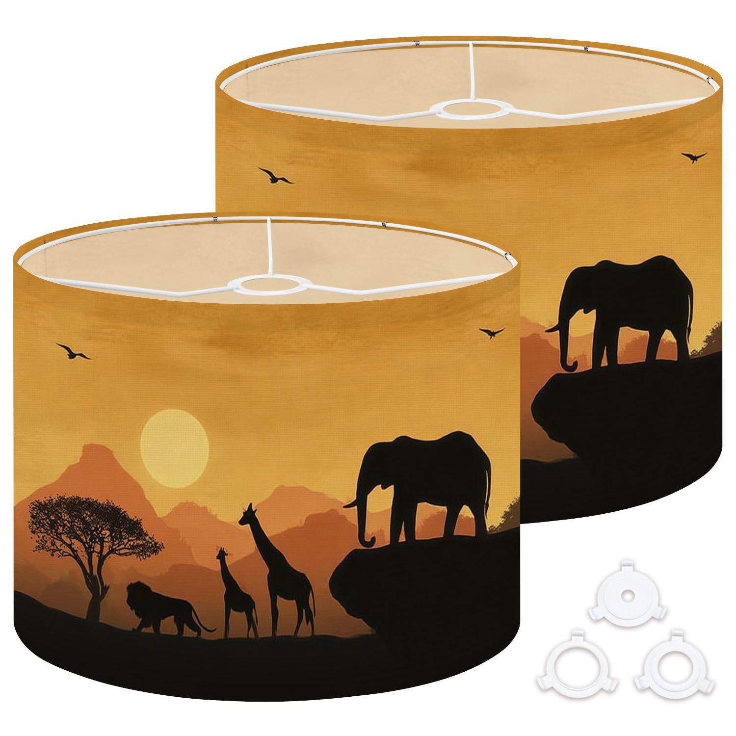 Fabric Drum Lamp Shade Realistic African Safari Mountain Vintage Funky Medium Linen Decorative Lampshades 13inch Set of 2 for Table Lamps, Floor Lamps,Ceiling Lamp
