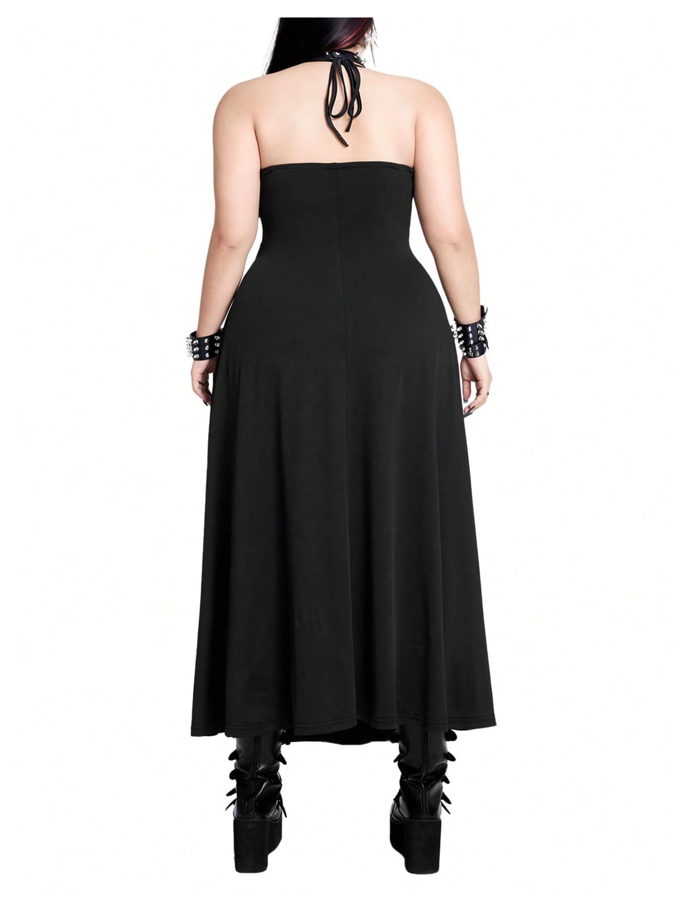 Verdusa Women's Plus Size Lace Thigh Slit Halter Dress Goth Backless Maxi Dresses: X-Large Plus Black