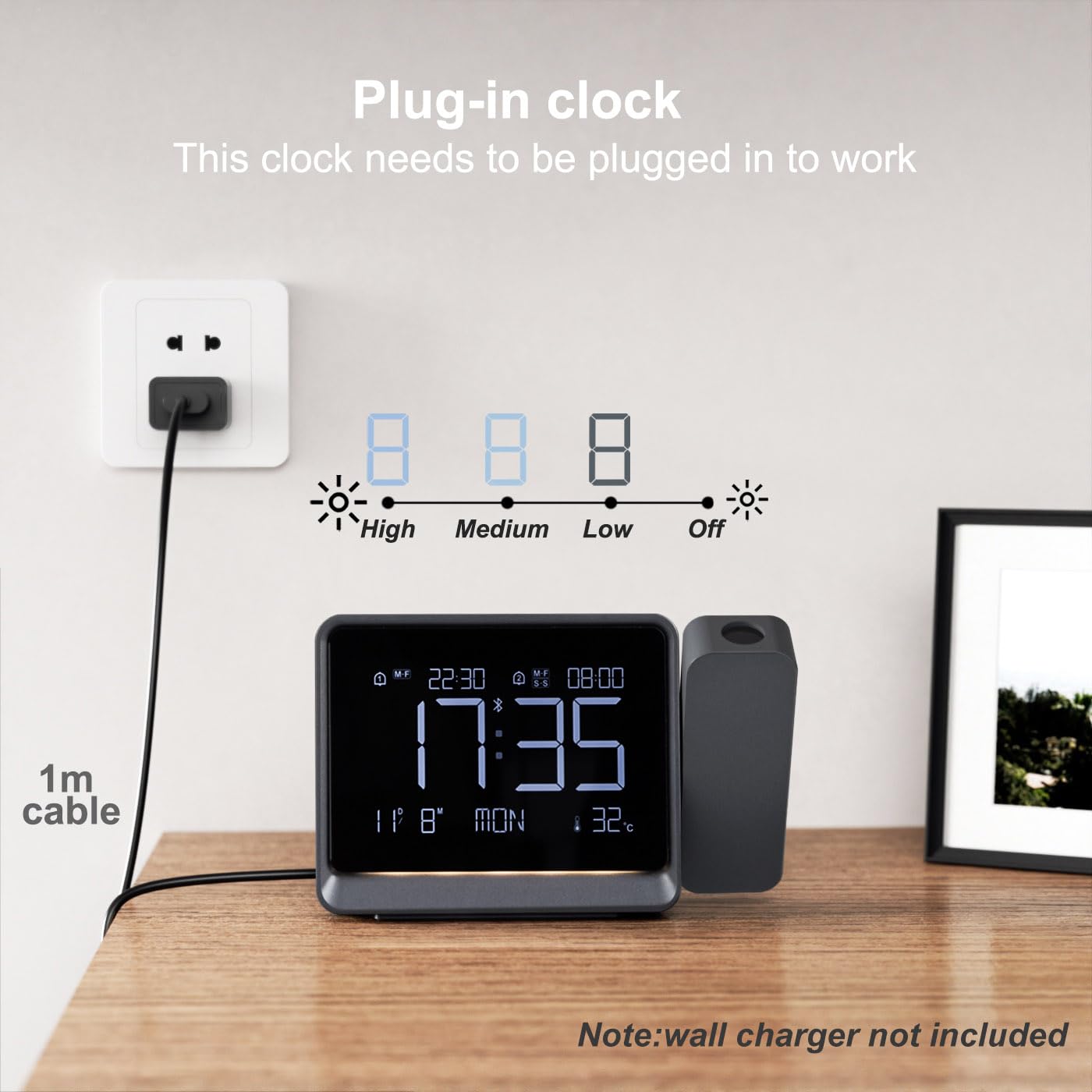 Reloj de Proyección Digital con Ajuste de Enfoque para Dormitorio - Proyector Giratorio de 180°, Sincro de Hora por Bluetooth, Alarmas Dobles, Fecha, Temperatura, Atenuador 4 Niveles, Snooze