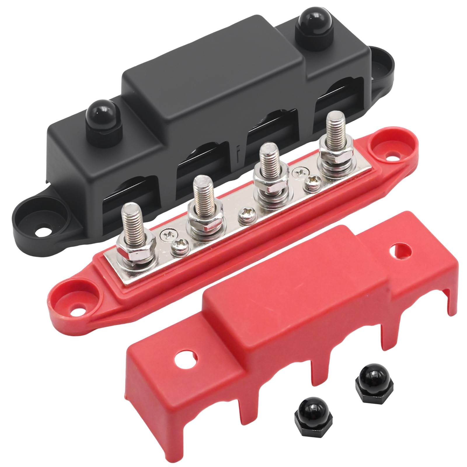 Hoypeyfiy 2 blocchi di distribuzione del bus, 12 V-48 V DC, binari di distribuzione 250 A, BusBar Box con 4 bulloni M8, adatti per auto camper (rosso, nero)