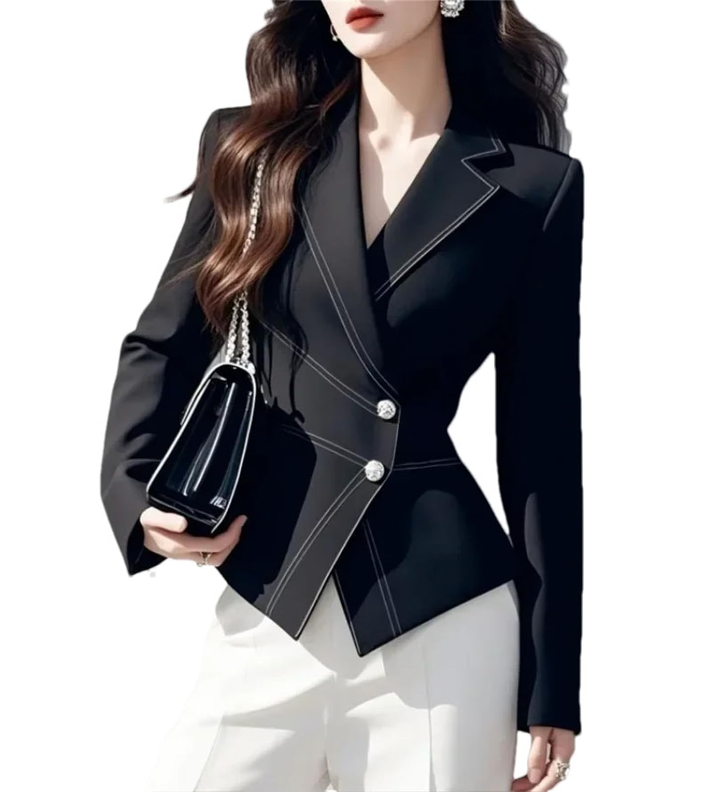 Womens Asymmetric Slim Short Jacket Black Jacket Bright Line Decoration Chic Office Formal Jacket