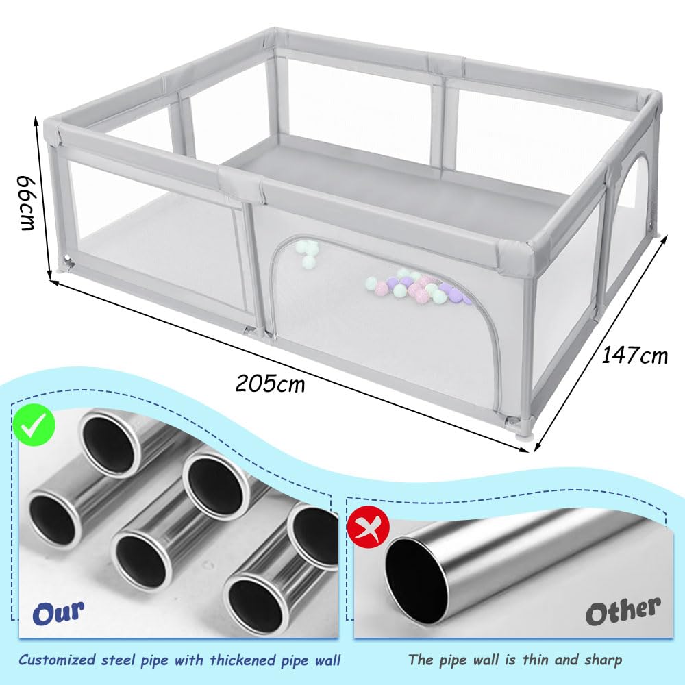 OHMG Parco per bambini, parco per bambini, 50 palline, grande parco per bambini, per interni ed esterni, con base antiscivolo, barriera parco bebebe,in tessuto Oxford, altoparlante per bambini (grigio