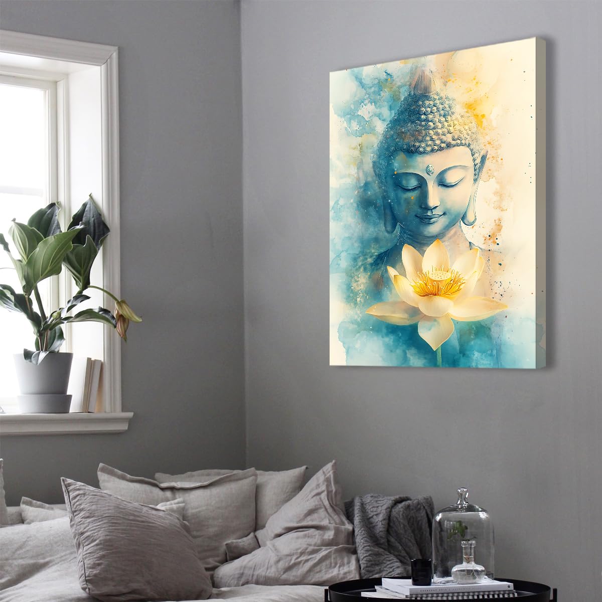 TOANGWALL Zen-Buddha-Lotus płótno sztuka ścienna, druk akwarelowy, uspokajająca medytacja, styl boho, plakat obraz ścienny do dekoracji biura domowego 70 x 100 cm