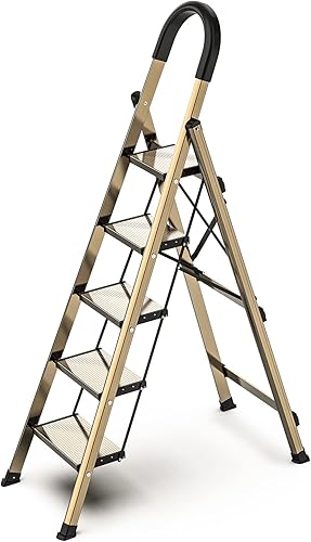 GameGem Escalera de 4 escalones, taburete plegable de aluminio con práctico mango para el hogar, cocina, oficina, escalera portátil ligera con pedal