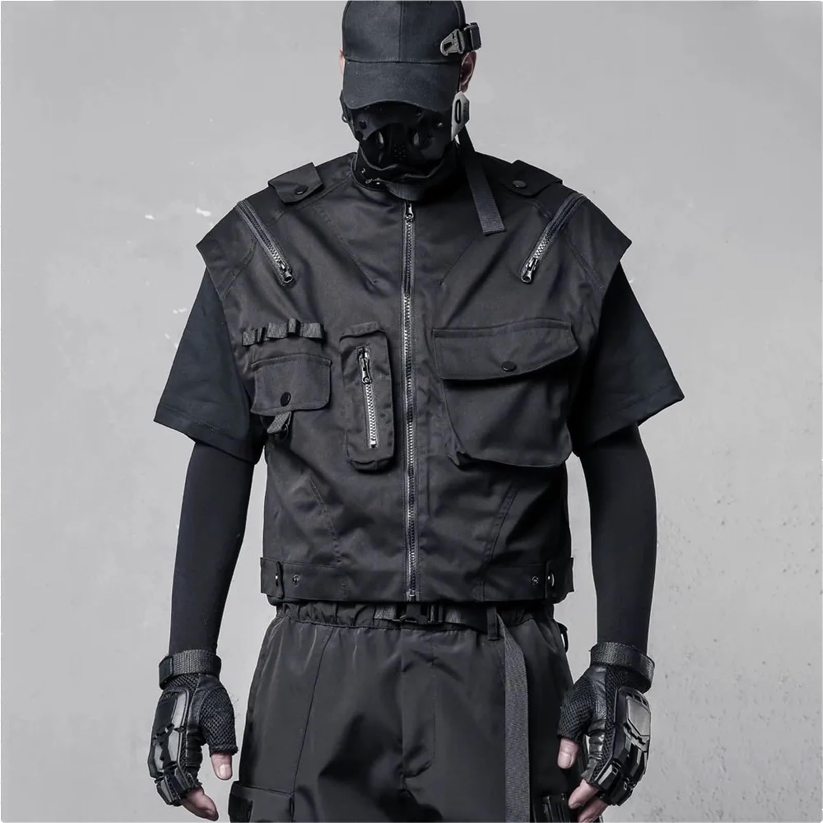Multi Pocket Weste Multi Taschen Techwear Cargo Weste Mann Hip Hop Kurze Weste High Street Casual Ärmellose Jacken Für Jagd Angler Camping Wandern(L)